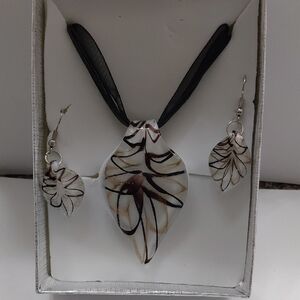 Handcrafted White and Brown Floral Glass Pendant Necklace and Earring Set